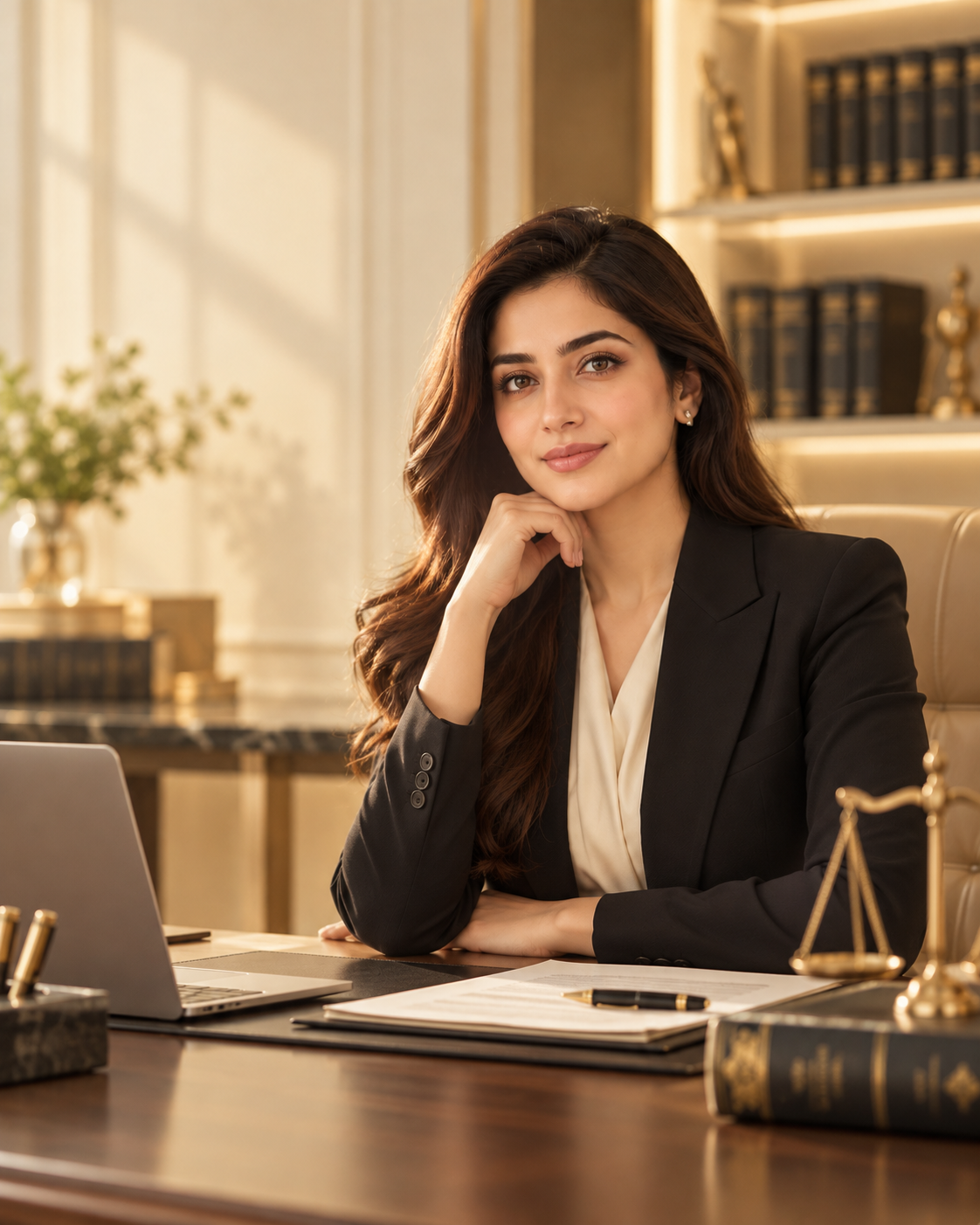 Illustrative portrait of a female legal professional in a warm, elegant office